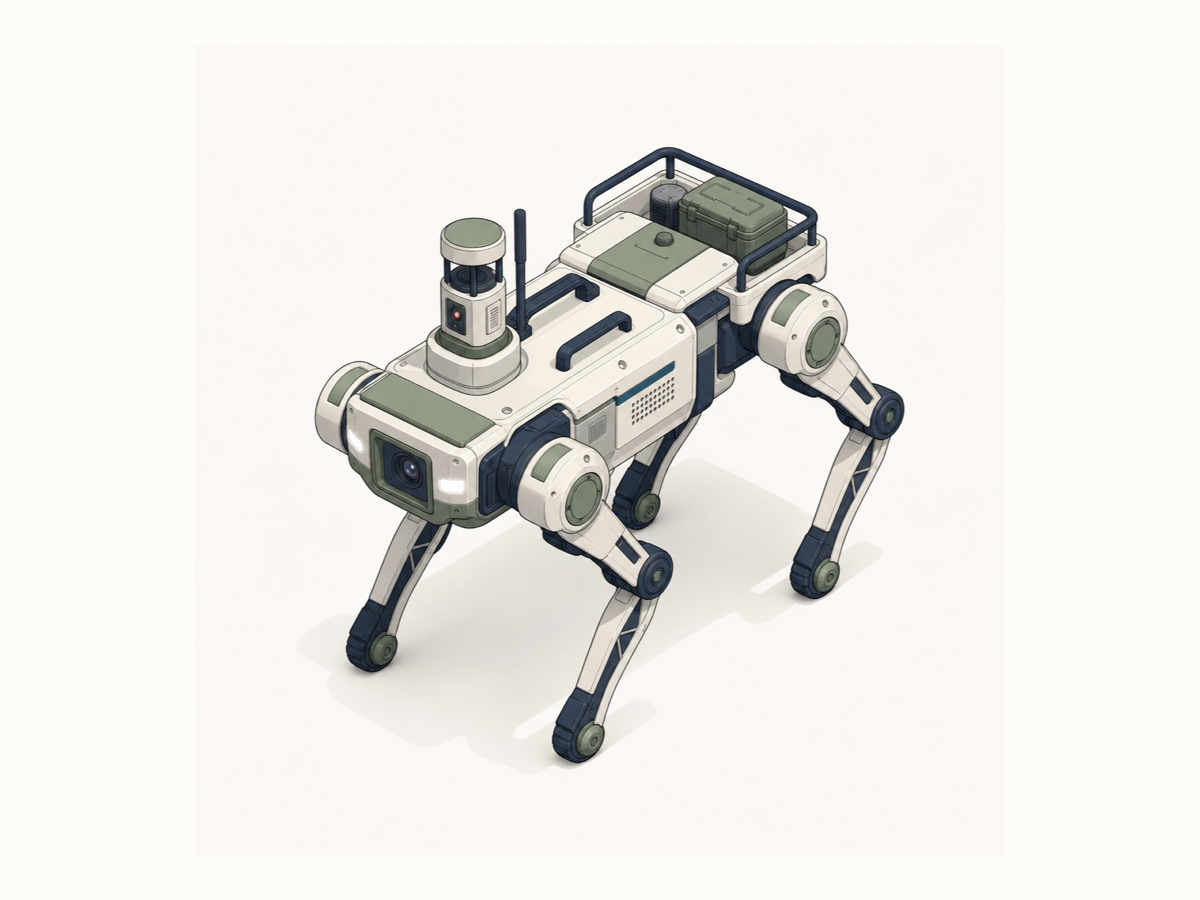 Illustration of a four-legged construction field robot with sensors.